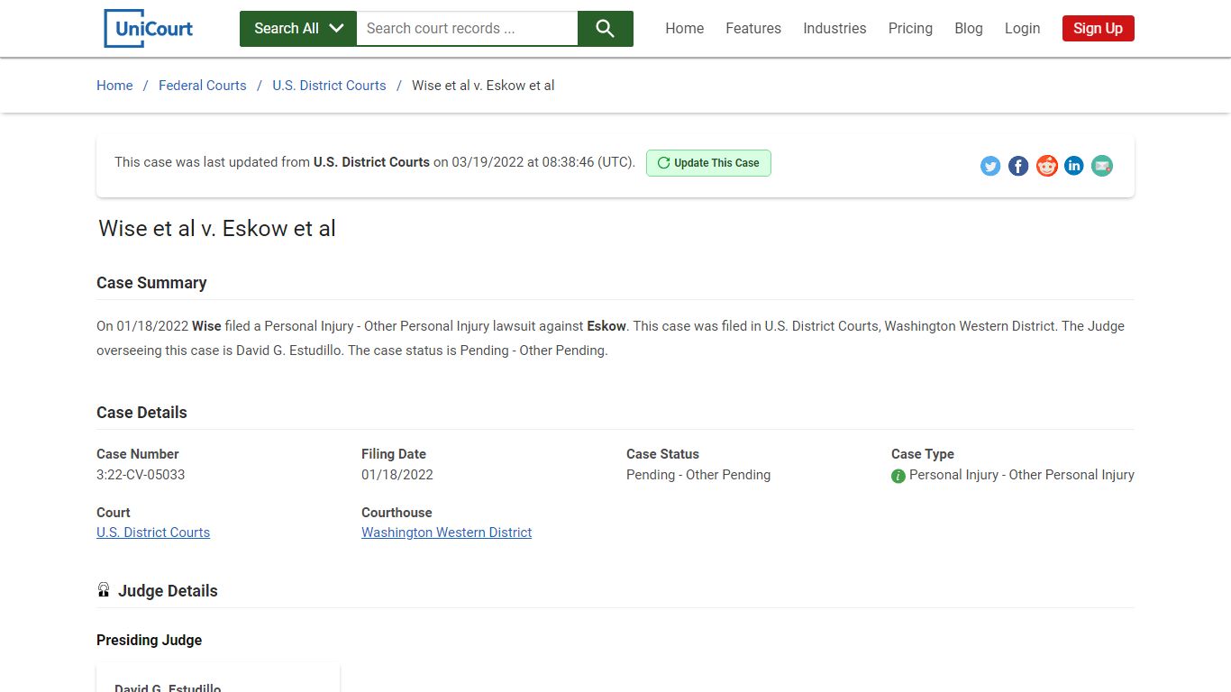 Wise et al v Eskow et al | 3:22-CV-05033 | Court Records - UniCourt